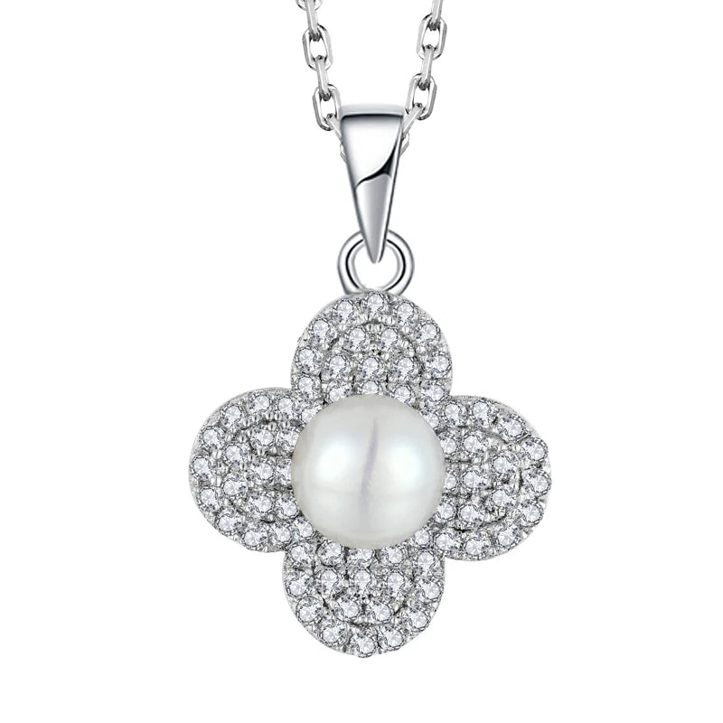 925 Sterling Silver Four-Leaf Clover Pearl Pendant Necklace Rhodium Plated Pearl Necklace for Women - Lucky Jewelry Gift