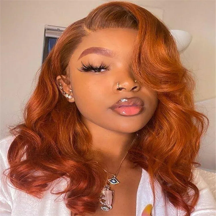 Brazilian Hair Lace Front Wig for Women Long Orange Ginger Body Wave Wavy Wig with Transparent Lace