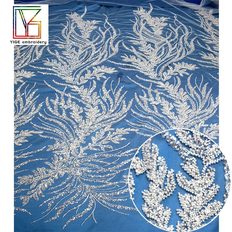 2022 New Luxury Heavy Beading Embroidered Lace Glitter Crystal Sequins Tulle Fabric for Bridal Dress