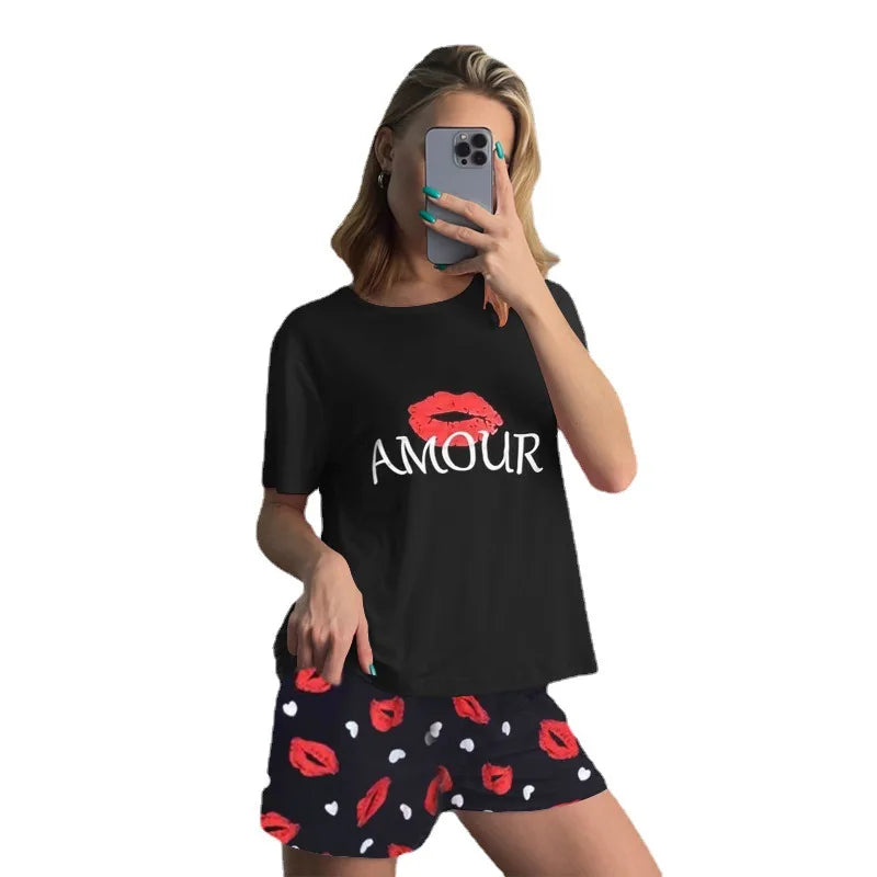 Love Print Pajama Women's Clothing Short Sleeve Sleepwear Soft Pants Milk Silk Shirt Pajamas Lounge Wear