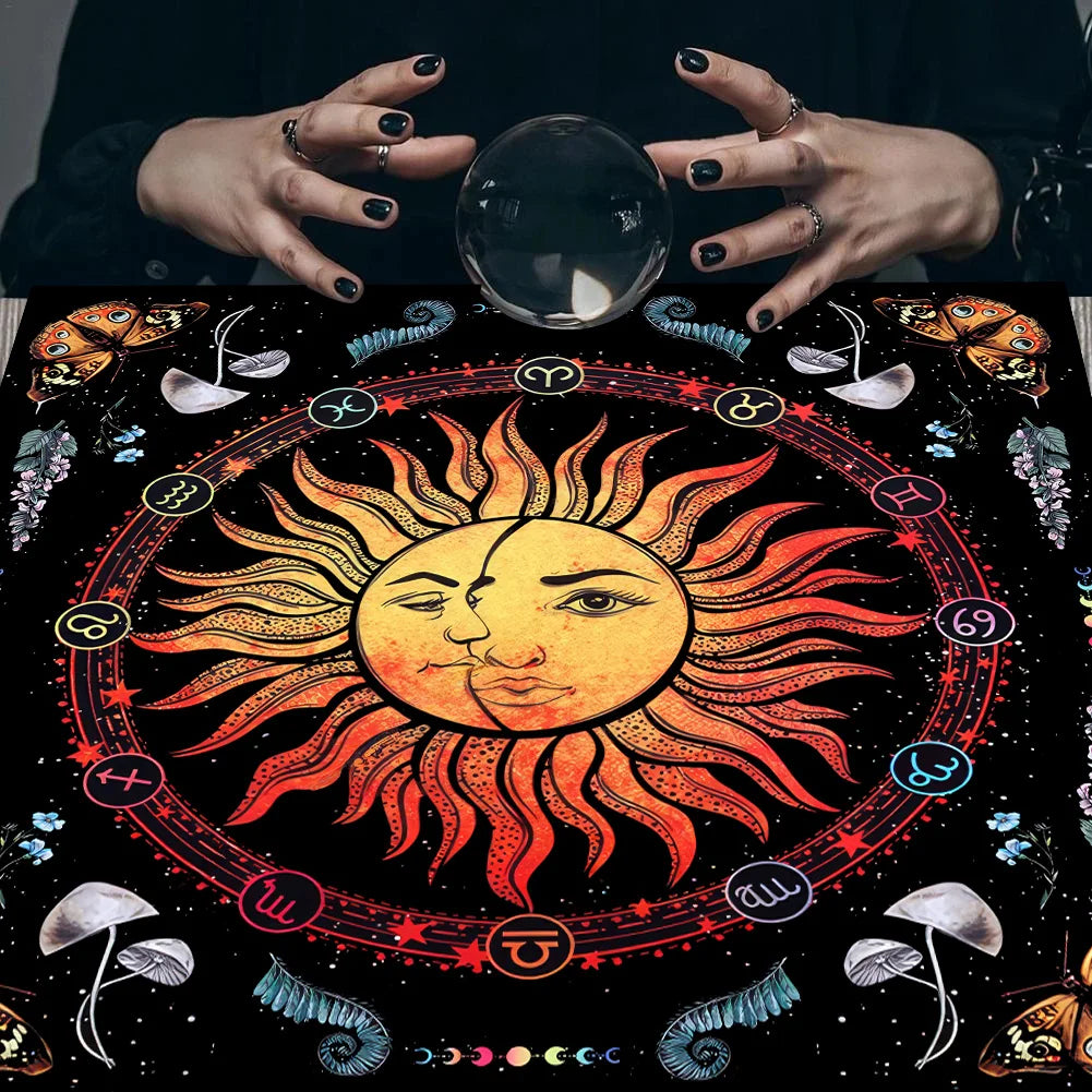 Customs Sun Moon Tarot Nonwoven Velvet Tablecloth Witchcraft Astrology Cat Altar Card Mat Moonlight Flower Home Butterfly Cover