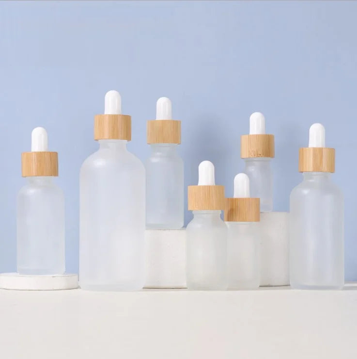 5-100ml Frosted Clear Glass Essential Oil Bottle Natural Bamboo Cap White Silicone Dropper for Skin Care Cream Packed Carton