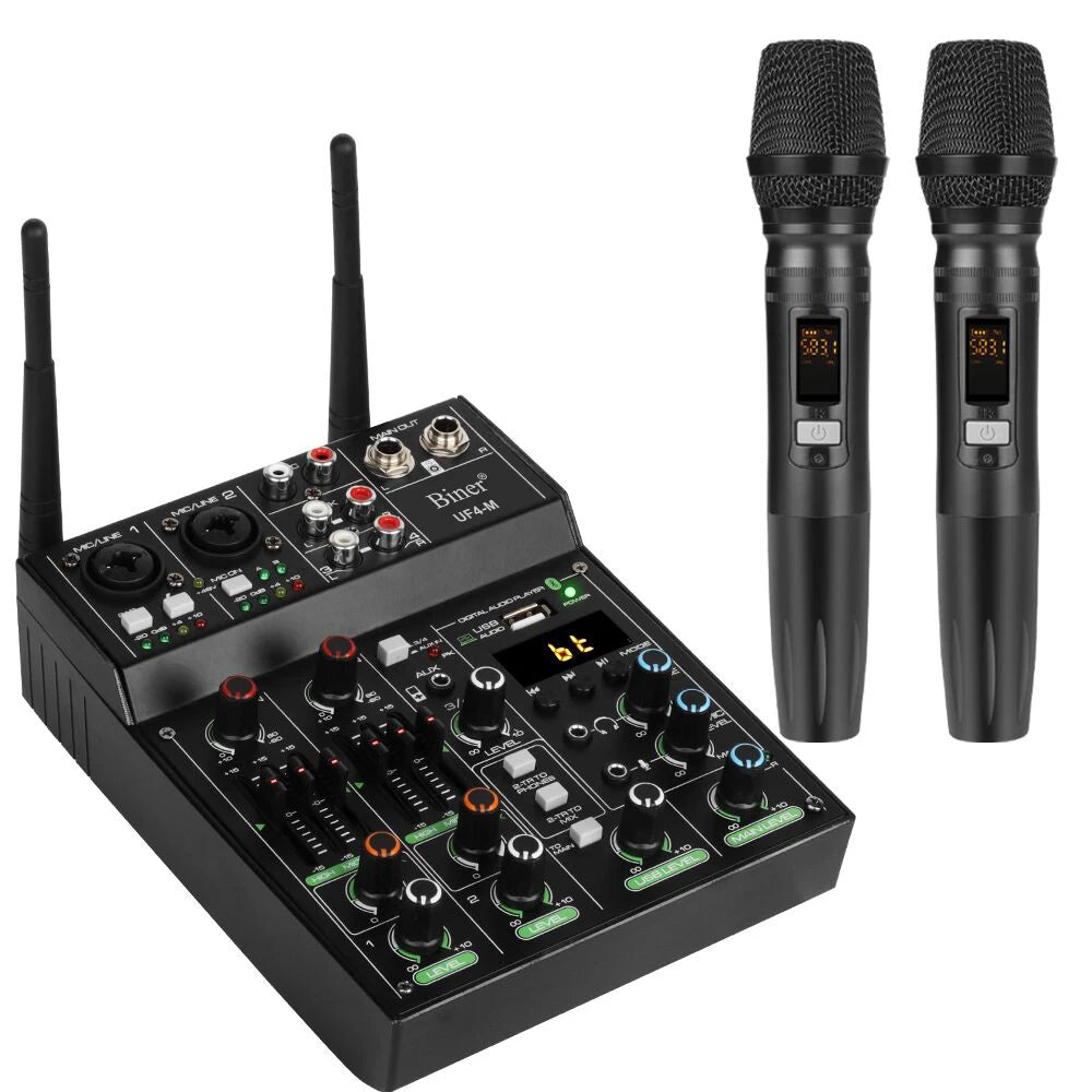 Biner UF4-M Professional Portable Mini 4 Channel Audio Mixer with 2 Wireless Microphone 4 Channel DJ USB Audio Console MegaBDM