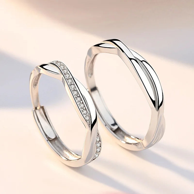 Simple Adjustable Silver Twisted Open Ring Pure 925 Silver Geometric CZ Stone Rings for Couples