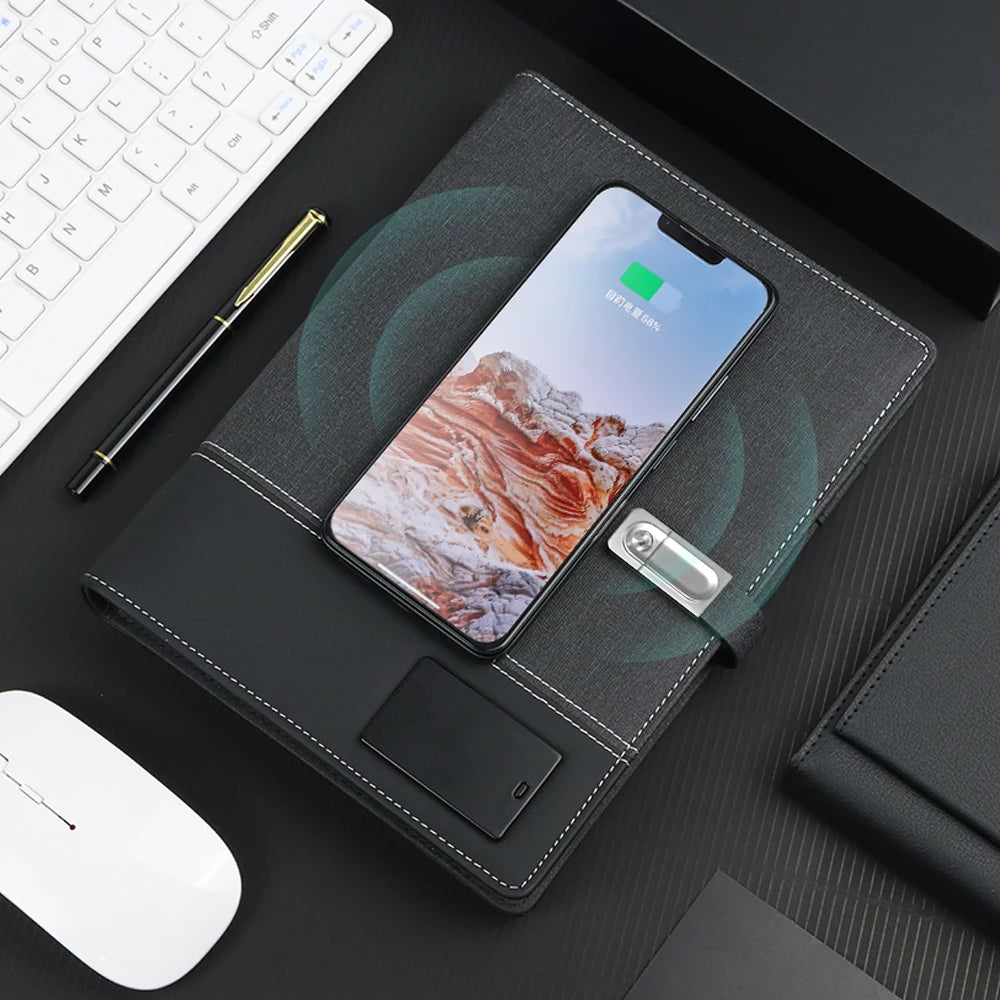 Pu Leather Multi Functional A5 8000 MAh Wireless Charging Notebook Smart Power Bank Notebook with Table Lamp for Unique Gift Set