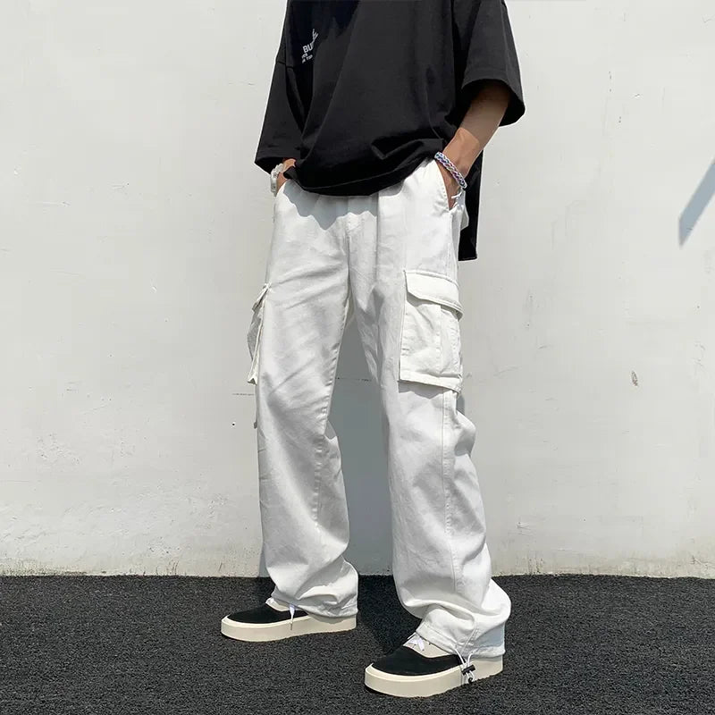 Fashion Casual White Pants Loose Straight Wide Leg Men's Pants Hip Hop Pocket Cargo Streetwear Men Pants Trousers