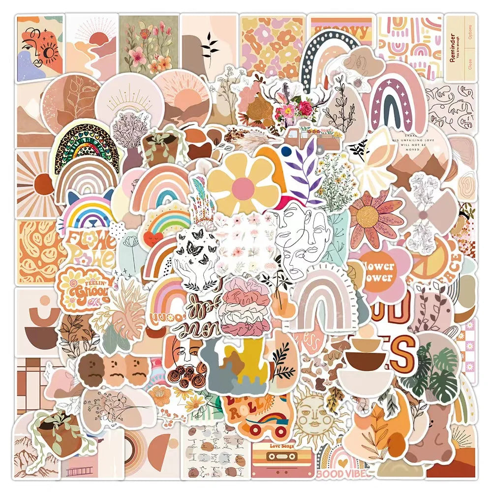 100pcs Aesthetic Bohemian Style PVC Graffiti Sticker Packs for Laptop Notebook Water Bottle Cup Stationery Skateboard Luggage
