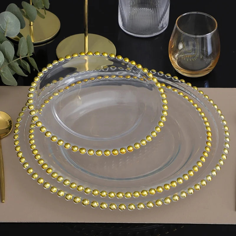 Back to School Luxury Elegant Plant Pattern Golden Beads Handpainted Glass Plates 8inch 10inch 12inch Serving Dish