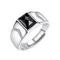 925 Silver Men's Ring Black Agate Trendy Baguette Shape Rhodium Plated Adjustable Certified for Wedding Engagement Party Gift