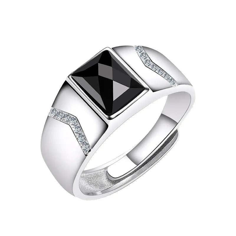 925 Silver Men's Ring Black Agate Trendy Baguette Shape Rhodium Plated Adjustable Certified for Wedding Engagement Party Gift