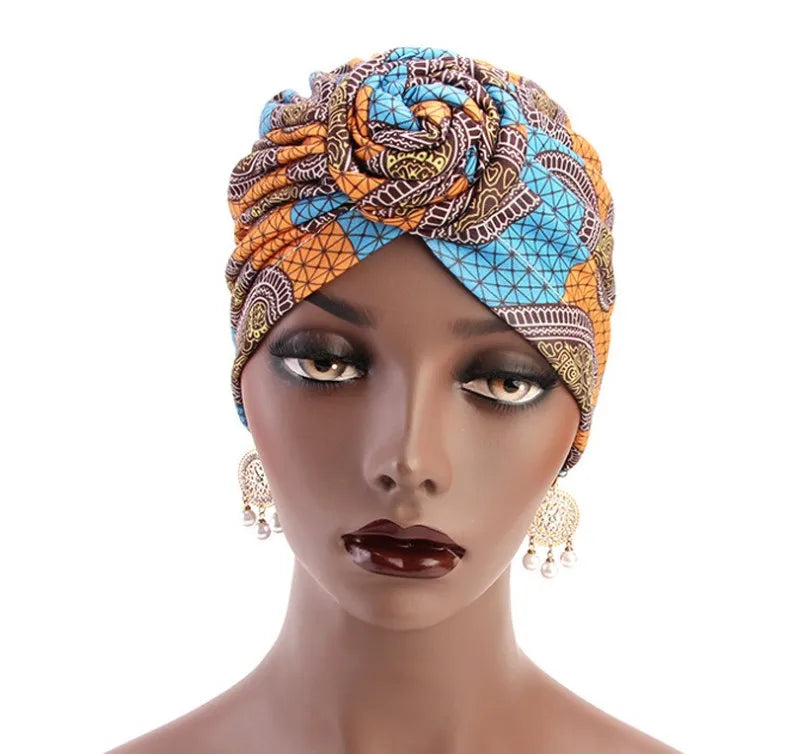 Women Turban African Pattern Headwrap Colorful Printed Pre-Tied Flower Knot Bonnet Hat for Women Girls