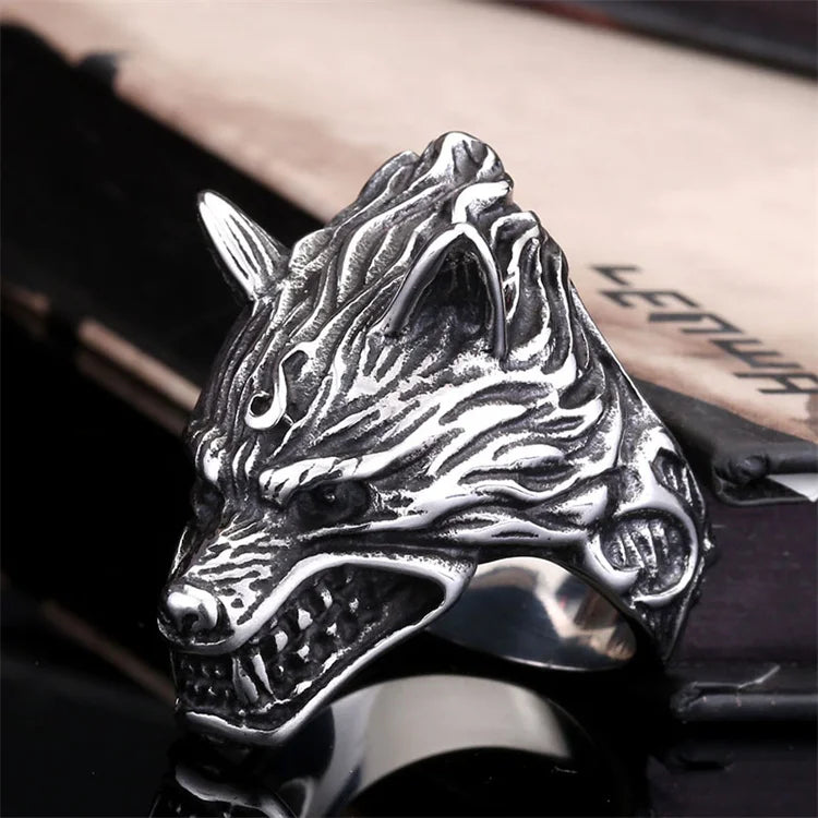 Nordic Viking Casting Ring Jewelry Stainless Steel Wolf Head Hoop Finger Rings Men