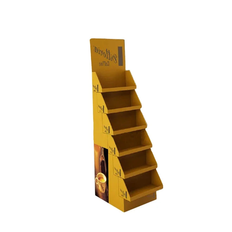 OEM ODM Custom Logo 5-Tier Stepped Corrugated Paper Coffee Sachet Retail Cardboard Floor Display Racks for Supermarket