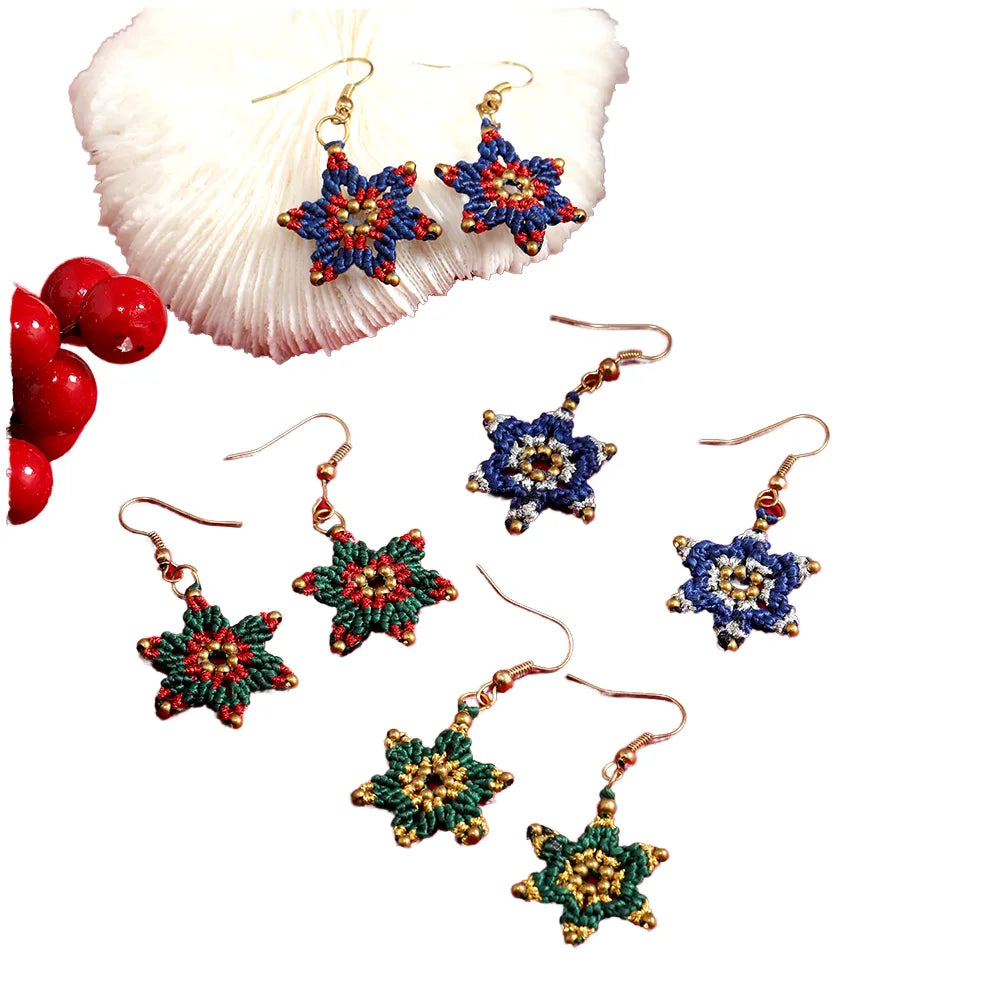 New Arrival Women's Handmade Christmas Wax Rope Earrings Cute Fashionable Snowflake Braided Star Macrame Dangle for Weddings