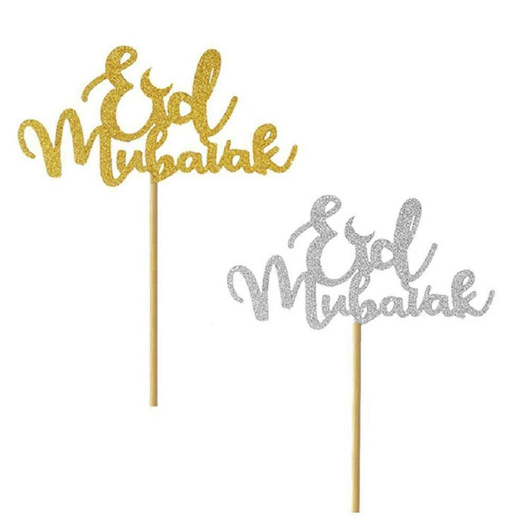 Gold Silver Eid Mubarak Cupcake Toppers Cards Theme Decor Event and Party Supplies Letter Paper Cake Topper Ramadan Decorations