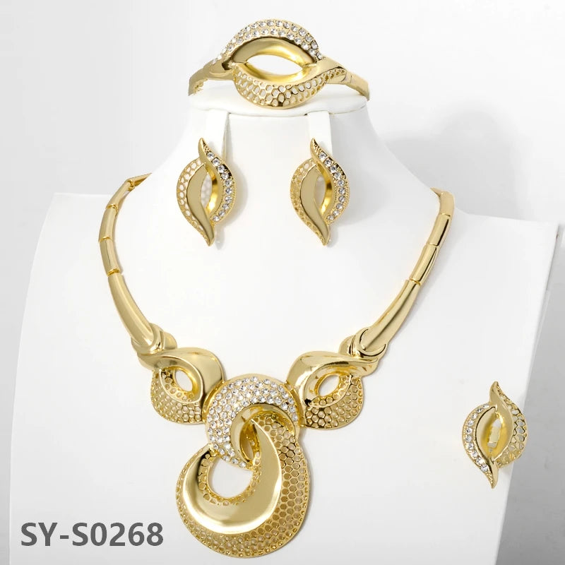 Fashion Luxury European Brazilian Gold Bracelet Earring Cubic Zirconia Big Necklace Arab African Gold Bridal Jewelry Sets MegaBDM