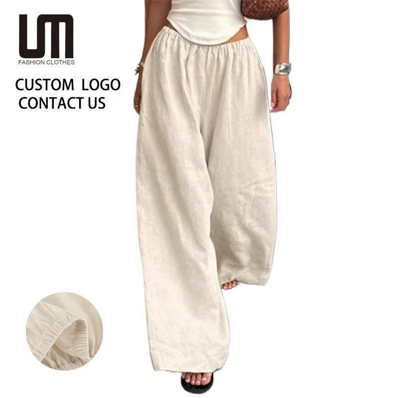 Oem Odm New Spring Summer Women Cotton Linen Casual Pants - Loose Wide Leg Elastic Waist Trousers