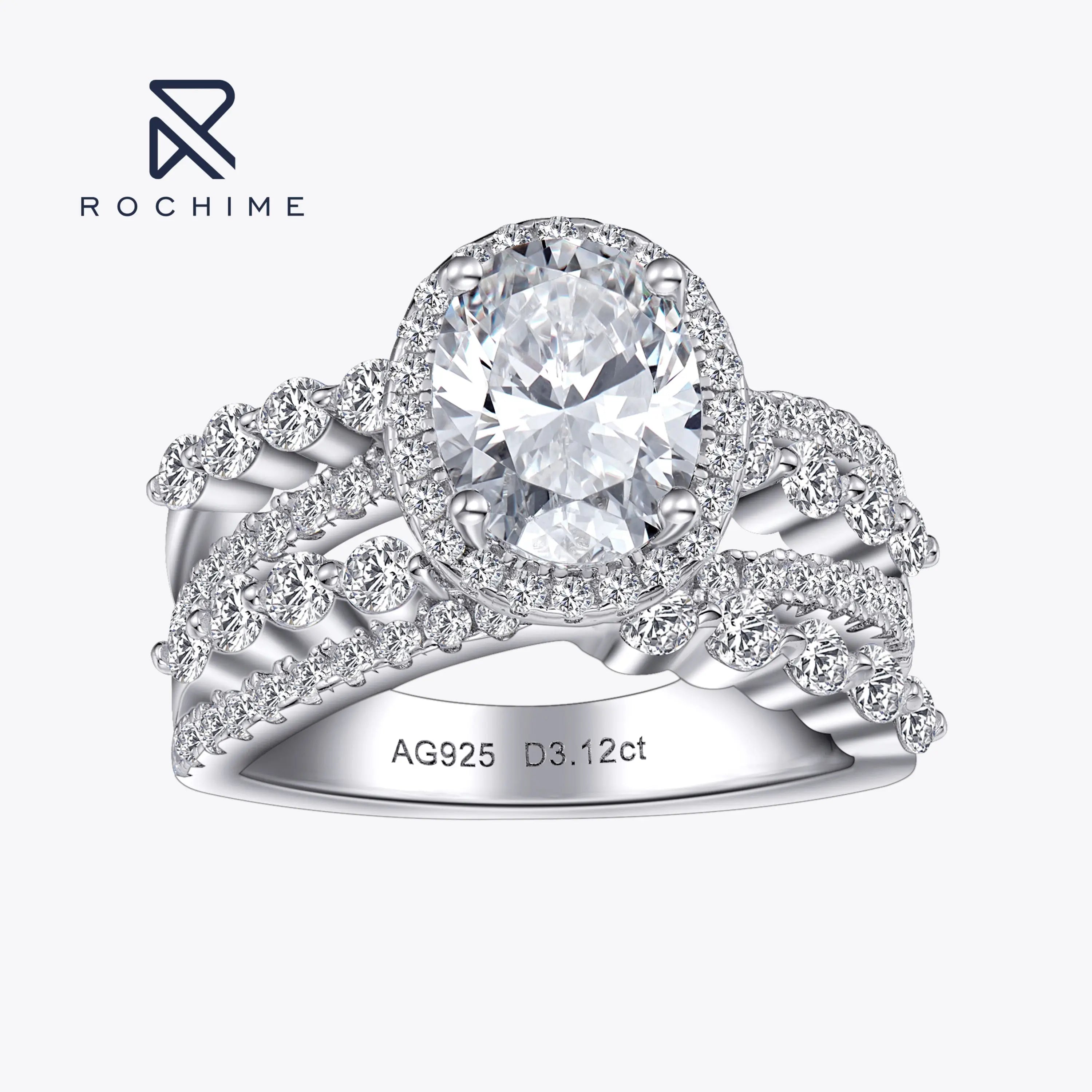 Rochime Luxury Multilayer Oval Cut Diamond Rings S925 Silver Rhodium Plated CZ  Zircon Luxury  Jewelry for Women