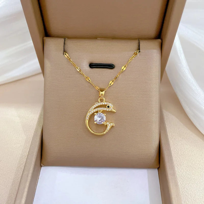 Fashion Micro Pave CZ Dolphin Necklace Real Gold Plated Adjustable Titanium Steel Chain Animal Dolphin Pendant Necklace