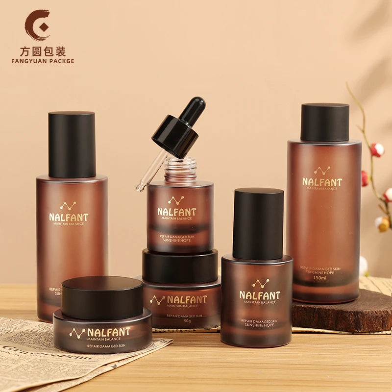 New Arrival Matte Amber Bottles Cosmetic Serum Lotion Pump Bottle Glass Cream Bottles Amber Glass Jars for Face Cream