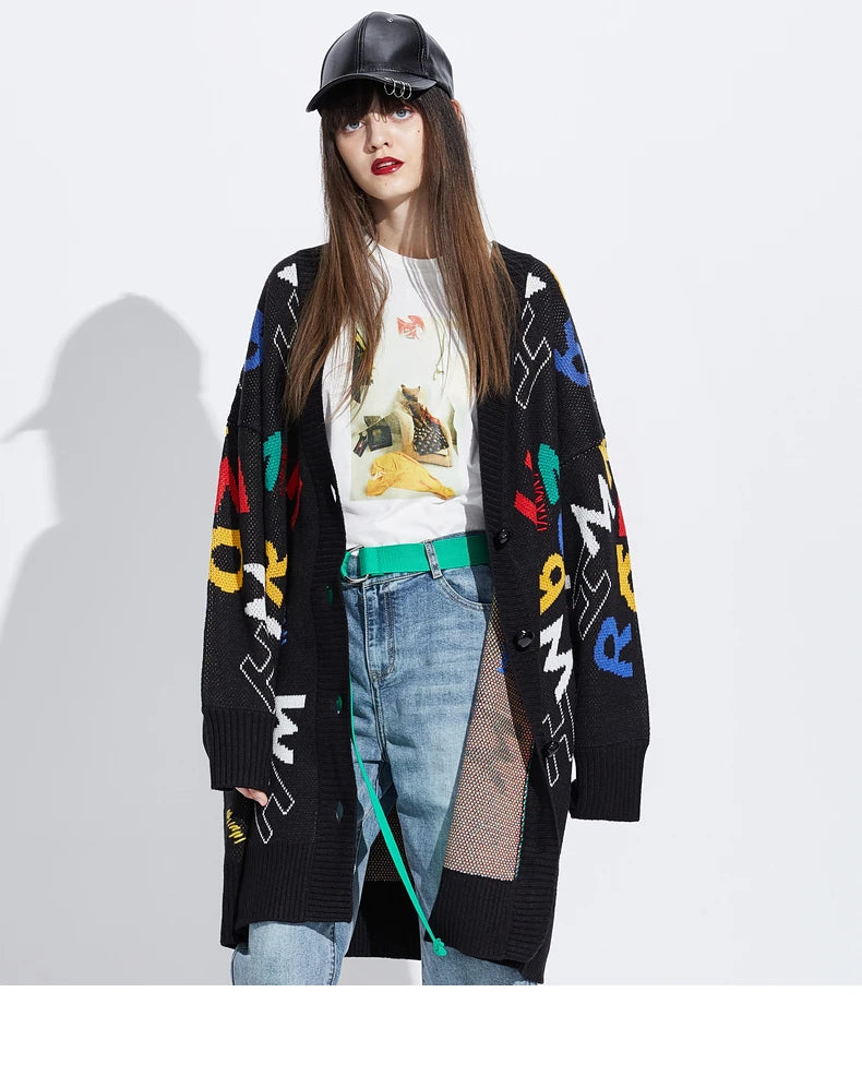 Hot Sale Casual Women's V-Neck Knitted Cardigan Letter Pattern Jacquard Sweater with Front Button Decoration
