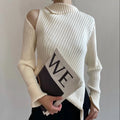 Casual Korean Style White Turtleneck Cutout Sweater for Women for Spring Season with Front Logo Placement