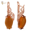 FJ Fallon Fashion Jewelry Marquise Amber Orange Red Solitaire Big CZ Clip-On Earrings Plated in Rose Gold Brass Based