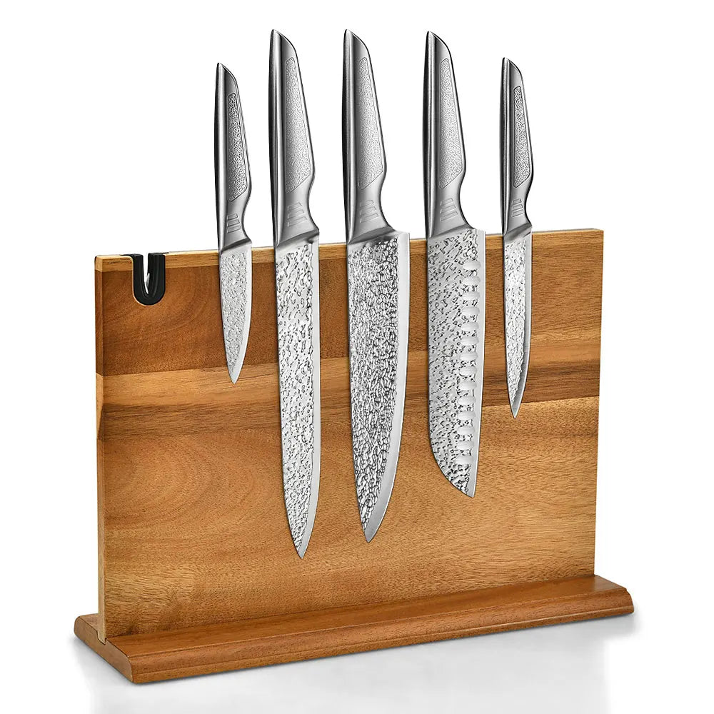 TOALLWIN New Product Hammered Blade Kitchen Knives Kitchen Knife Set Stainless Steel Chef Knife Set with Wooden Block