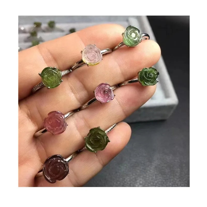 925 Sterling Silver Fashion Healing Crystal Gemstone Jewelry Gem Tourmaline Rose Flower Ring