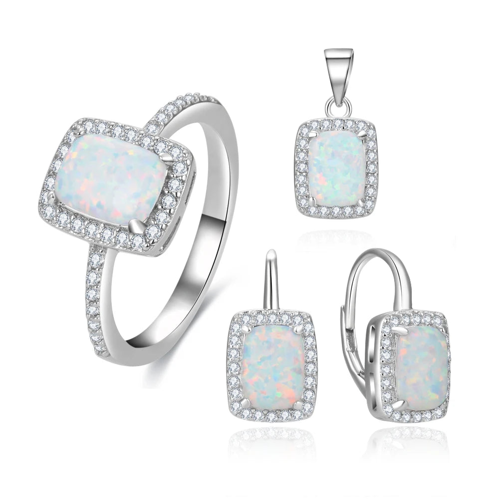 October Birthstone Sterling Silver Created White Opal Necklace/Leverback Stud Fire Opal Earrings