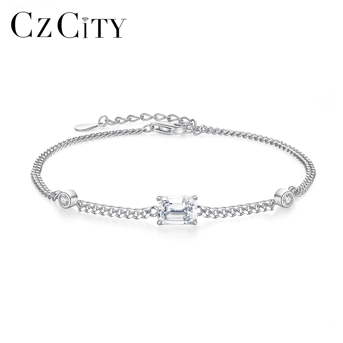 CZCITY Designer Fashion Woman Emerald Cut Jewelry Chain 925 Silver Sterling VVS Moissanite Bracelet