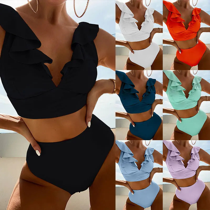 STOCK 9Colors Ruffle Shoulder Women Swimwear Cross Straps Back High Waist Bikini Bathing Suits S-XL