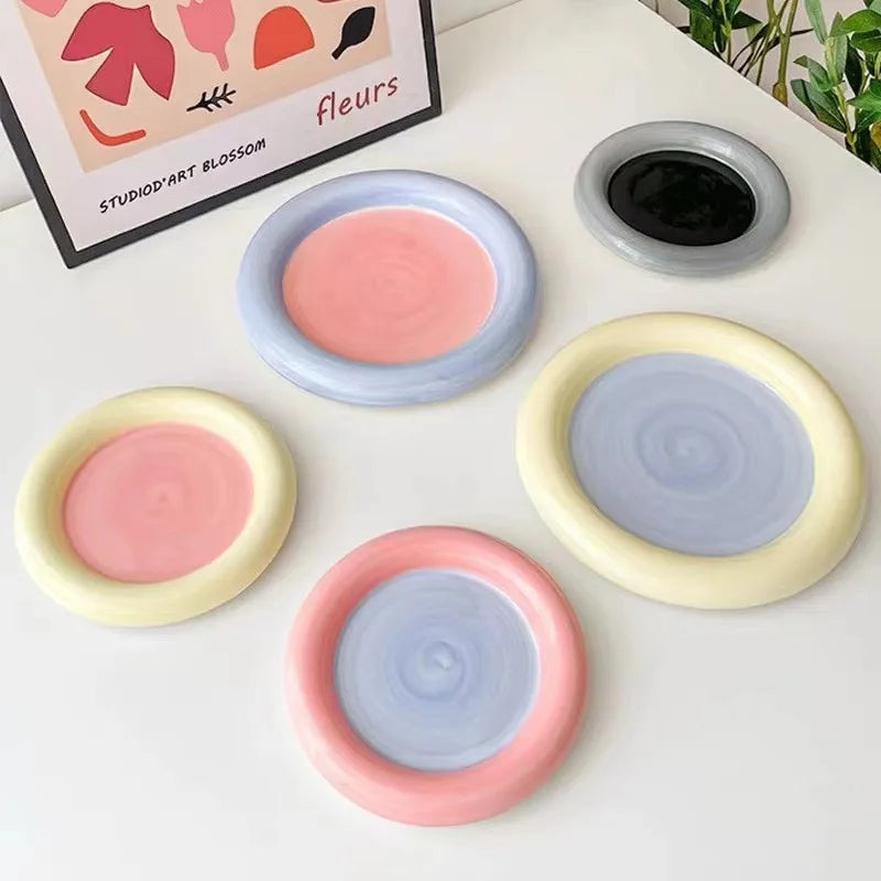 Korean-style Underglaze Hand-painted Chubby Ceramic Plate Dessert Cake Fruit Plate