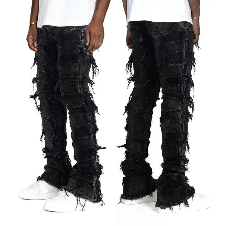 Custom Distressed Washed Jean Men Blank Stacked Flare Jean Wide Leg Pants Custom Distressed Ripped Stacked Denim Jeans