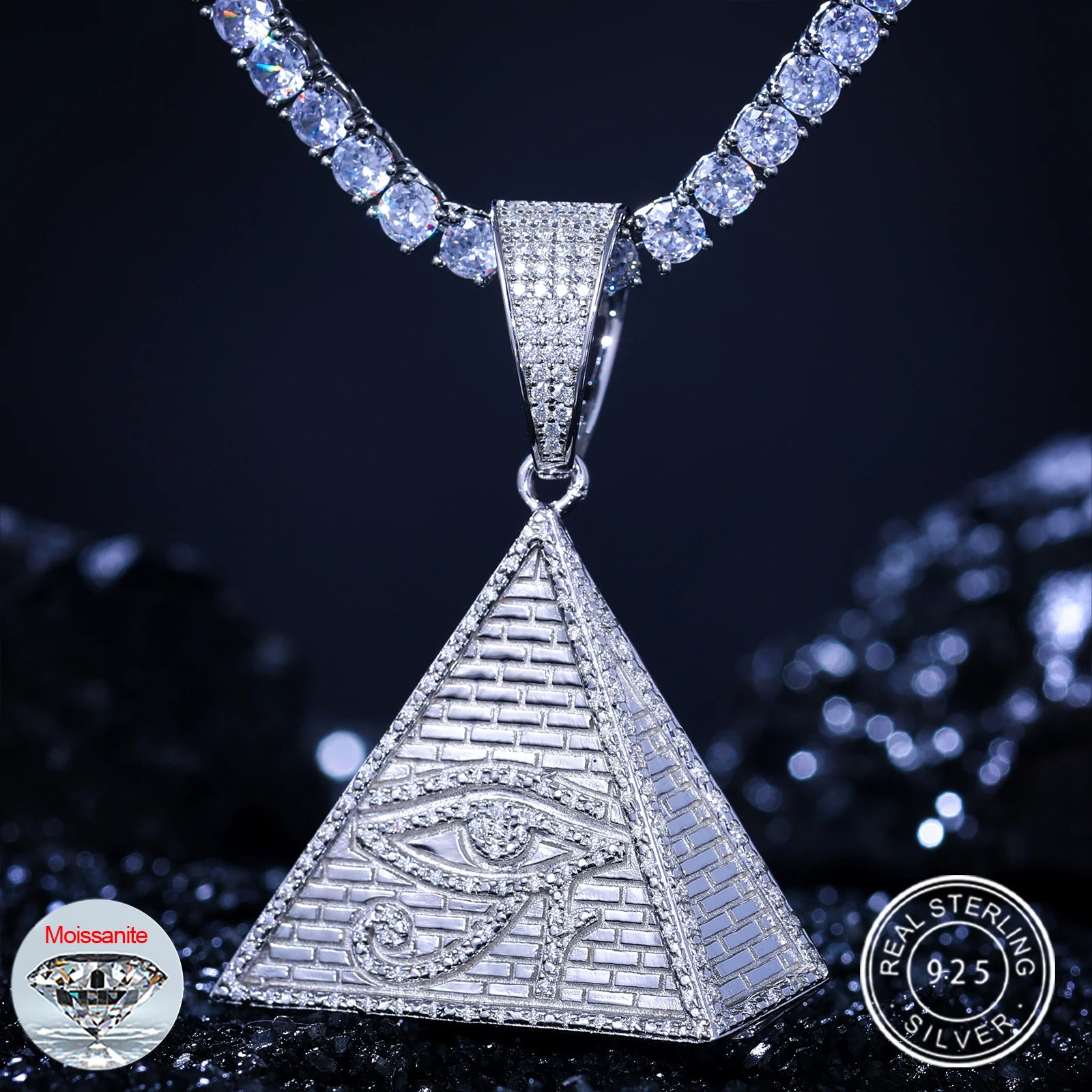 Hiphop Jewellery Mens Luxury 925 Sterling Silver VVS Moissanite Diamond Iced Out Evil Eye Pyramid Pendant Necklace