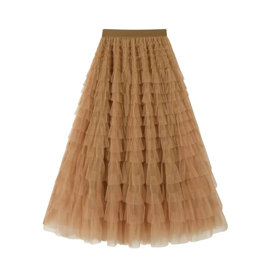 Factory Direct Women's Elegant Long 'Cake Skirt' Casual Mesh Ruffled Spring Autumn Wear Hot Selling Celebrity Chiffon Natural