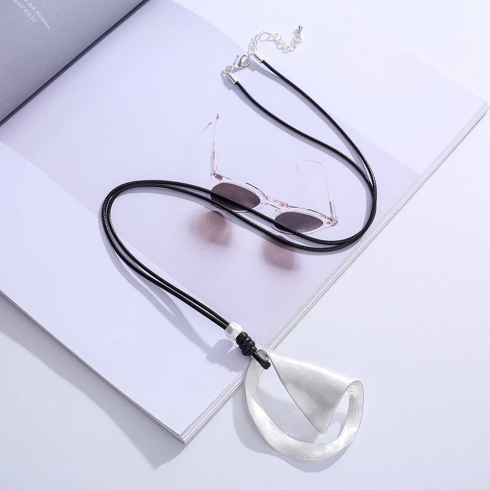TongLing European Vintage Necklace Black Rope Strand Silver Plated Irregular Loop Adjustable Pendant Necklace