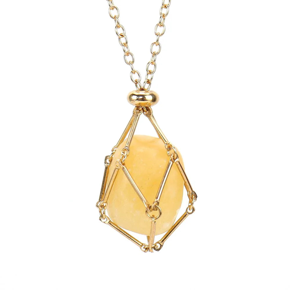 Best Selling Stainless Steel Net Packet Pendant Necklace Cage for Women Removable Adjustable 18K Gold Honey Onyx Jade Necklace