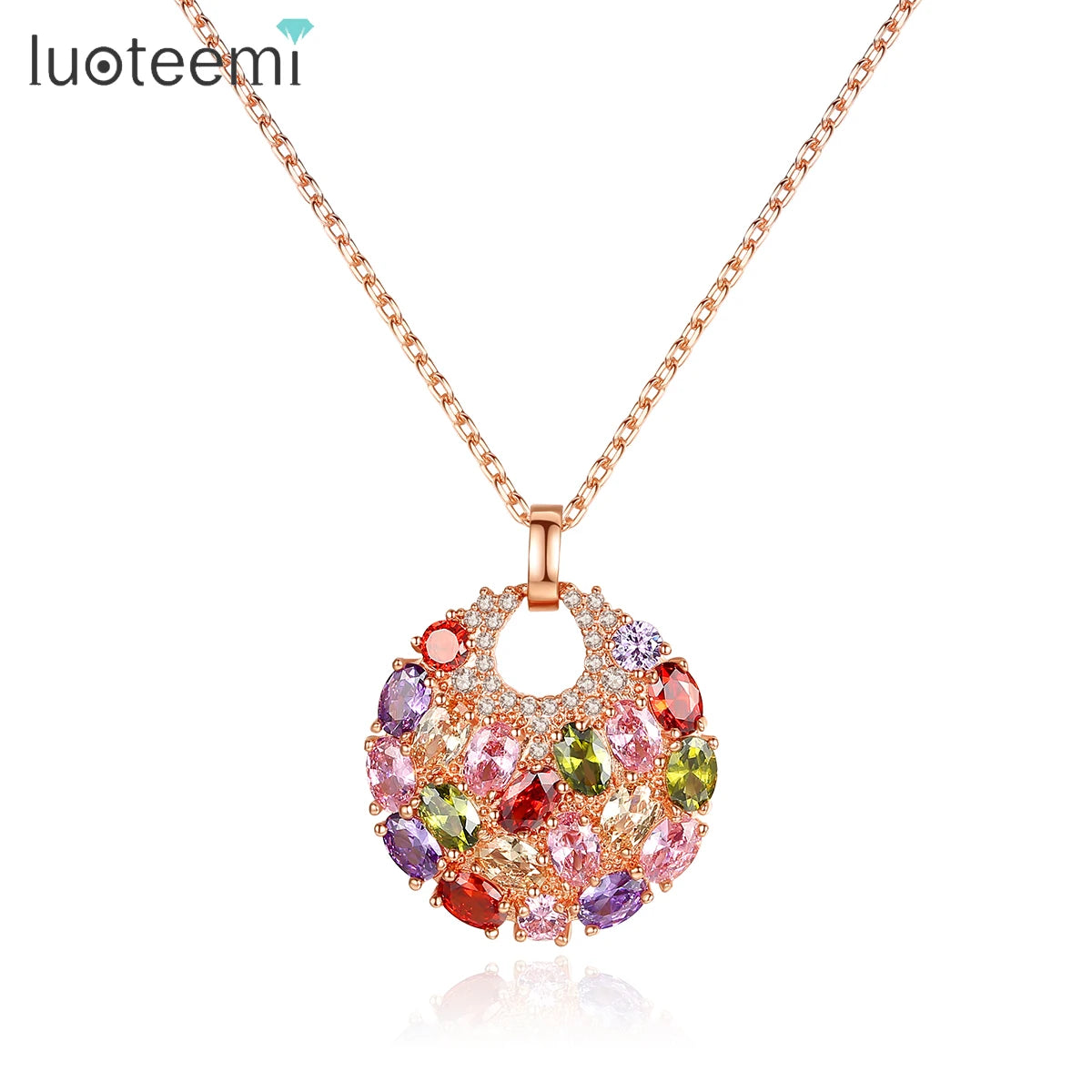 LUOTEEMI Hot Sale Rose Gold Plated Multicolor Top Cubic Zircon Paved Big Round Pendant Necklace