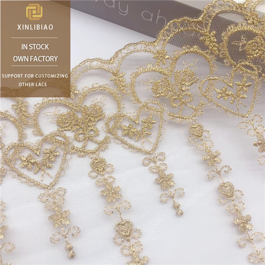 Premium Gold Thread Embroidery Lace Accessories Bar Code Love Lace for Dresses Shoes and Bags