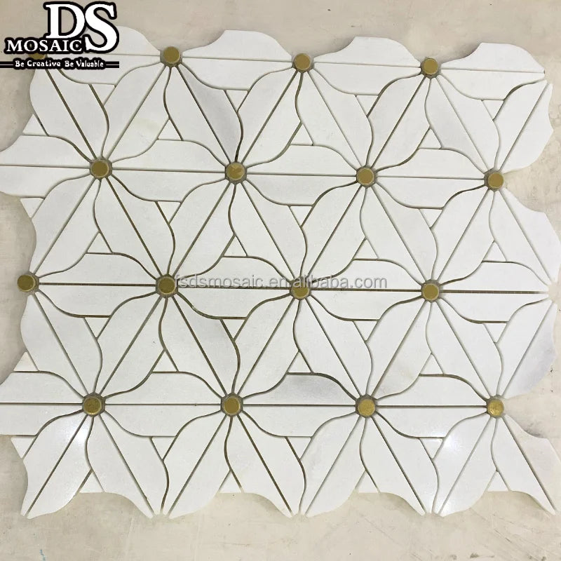 Daisy Flower Design Marble Mosaic Wall Tile Japanese Stone Mosaics Unique Waterproof Back Splash for Kitchen
