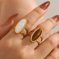 Elegant 18K Gold Plated Geometric Beach Vacation Style Unfade Stainless Steel Geometric Oval Tiger Eye Stone Rings