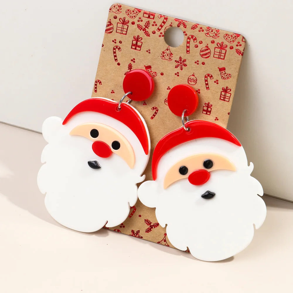New Arrival Christmas Resin Fashion Acrylic Drop Earrings for Women Cute Cartoon Santa and Snowman with Red Hat Customizable