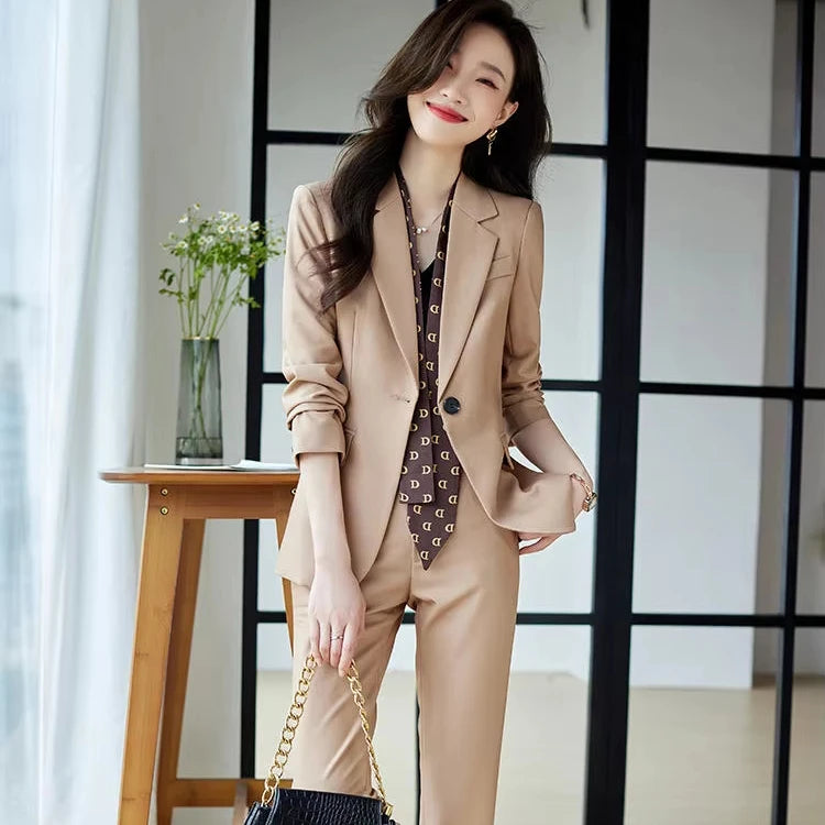 Brown Women's Two-Piece Suit Spring Autumn New Style Professional Formal Wear Slim Design with Button Decoration Goddess Fashion