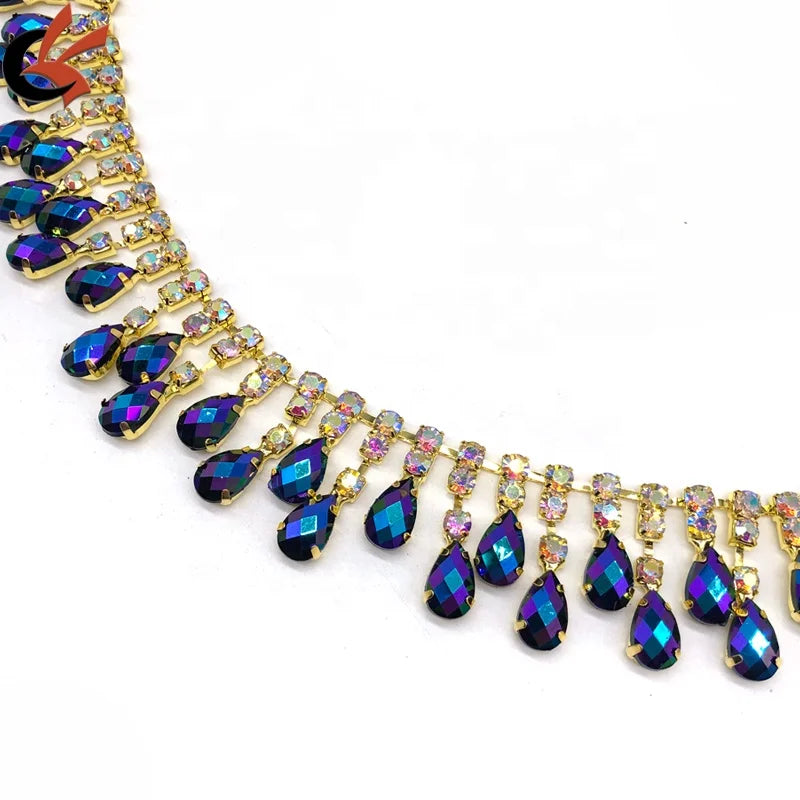Teardrops Gems Rhinestone Tassel Chain Trimming Purple Blue Black AB Sewing Rhinestone Trimming
