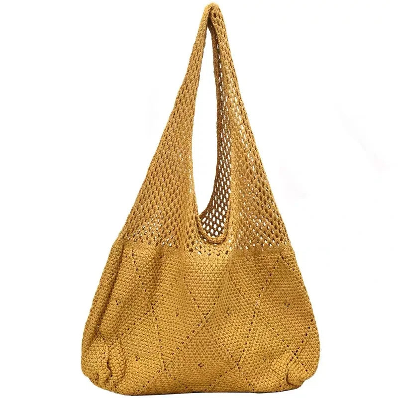 Custom Logo Knitted Textured Crochet Shoulder Bag Casual Tote With Two Handles Open Closure Wool Lining for Travel Shopping