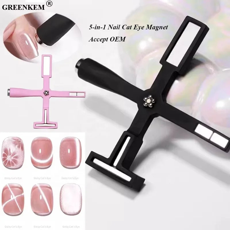 Newest 5 in 1 Multi-functional Strong Magnetic Pink Cross Nail Magnet for Nail Art Tool Double Head Cat Eye Polish Nail Magnet