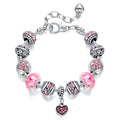 Wholesale Pink Acrylic Crystal Rhinestone Diamond Silver Plated Bracelet Heart Pendent Beaded Bracelet