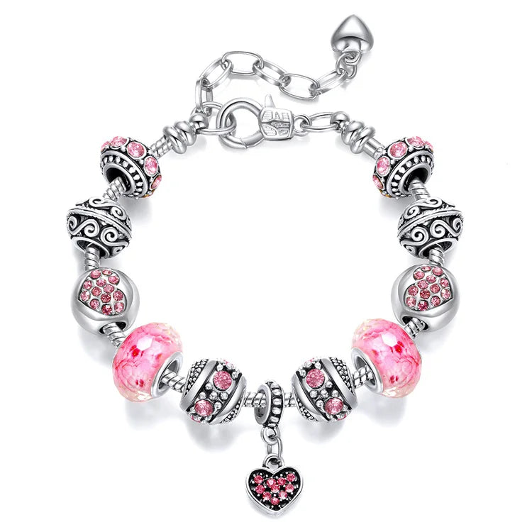 Wholesale Pink Acrylic Crystal Rhinestone Diamond Silver Plated Bracelet Heart Pendent Beaded Bracelet