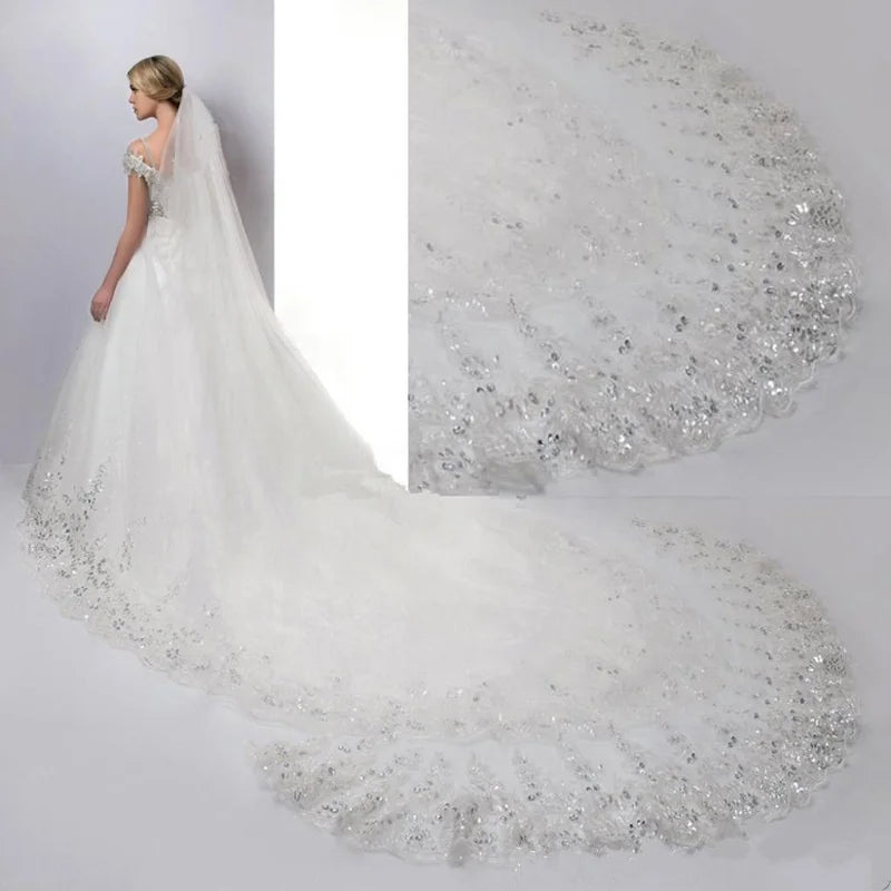 GENYA Fashion Bride Veil Chapel Wedding Veil With Sequined French Lace 4m Sweeping Bottom Veil Ornaments